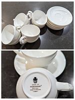 Top photo shows 8 white Wedgwood teacups and 8 saucers stacked, bottom photo shows underside Wedgwood logo and markings on teacup.