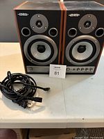 Pair of Edirol MA-20D speakers with two power cables shown on a table. Front view shows silver cones and tweeters and wooden framing.