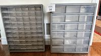 Photo of two plastic storage drawer units side by side, showing the full frontal view. The unit on the left has 60 small drawers, the unit on the right has 18 larger drawers.