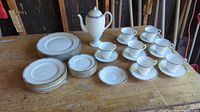 Overview of entire set showing plates, saucers, teacups and teapot