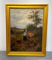 Full front view of framed oil painting showing pastoral scene with children and dog
