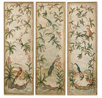 Front view of three tall rectangular art panels with birds and floral branches on crackle background