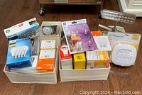 Overview of two white storage bins filled with assorted light bulbs and lighting fixtures on wooden floor.