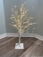 Full view of small light up birch tree with twinkle lights lit, showing cord and base
