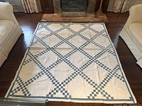 Full top-down view of quilt laid flat on wood floor