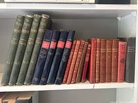 Shelf of antique books showing 4 volumes of The Plays of Shakespeare in green cloth, 4 navy blue Mark Twain books, 10 red leather bound classic books, and one black hardcover book