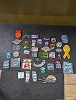 Overview of 72 patches laid out on carpet showing different designs and styles including Canadian flags, anniversary patches, and riding symbols.