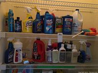 Overall view of two shelves containing various cleaning products including mop and glow, CLR, Drano, Lysol, bleach, and more.