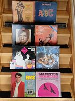 Eight vinyl records lined up on wooden steps showing front album covers for identification.