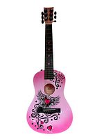 Full front view of pink acoustic guitar with artistic black and heart design
