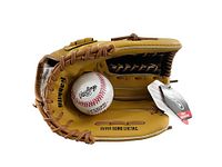 Top view showing baseball glove with Rawlings baseball inside. Tags visible on glove.