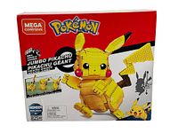 Front view of the Mega Construx Pokemon Jumbo Pikachu set box showing the assembled Pikachu model, brand and set details, and piece count.