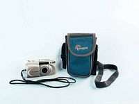 Front view of Olympus Infinity Stylus Zoom 105 camera next to Lowepro vintage pouch
