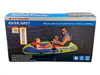 Box view of Pathfinder River Raft with man and child in raft on water and dimensions on box