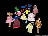 Overhead photograph showing all dolls and clothing items laid out on a surface