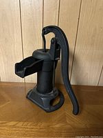Black cast iron hand pump with lever handle and spout, standing on wooden surface against wood panel background.