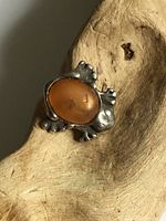 Front view of antique turtle brooch showing amber body and silver legs, head, and tail on a textured wood surface.