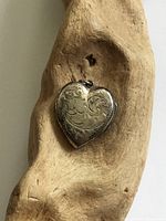 Front view of heart-shaped sterling silver locket with bird etching.