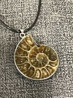 Close-up photo of the ammonite fossil pendant necklace against a textured fabric background.