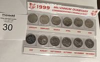 View of the front side of the 12 1999 Canadian millennium quarters arranged in labeled plastic holder with month tags from January to December.