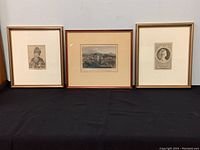 Wide photo showing all three framed antique etchings in a row on a black surface against pale wall.
