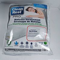 Packaged Clean Rest PRO mattress encasement showing brand, product type and key features.