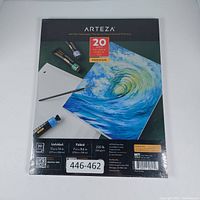 Front photo of Arteza art paper pad showing artwork, label, and sheet count.