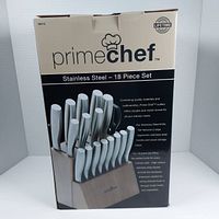 Box packaging of Prime Chef Stainless Steel 18 Piece Set showing brand, product info, and image of knife set with wood block