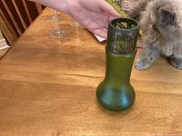 Green glass vase placed on wooden table, shown beside hand and part of cat, displaying full item height and metal collar detail.