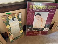 Photo showing both the wall mirror with yellow painted flowers on wood frame and the mounted poster of The National Ballet of Canada.