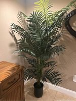 Full view of tall artificial palm plant placed near wooden cabinet and beige wall, showing overall height and fullness.