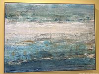 Front view of abstract blue seascape painting showing the textured layers and color transitions in a rectangular form.