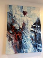 Large vertical abstract painting showing woman standing by a piano in blue, white and red tones.
