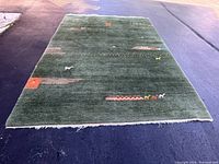 Full view of forest green area rug laid flat on asphalt, showing overall size and design