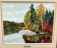 Full front view of framed painting showing composition of lake, rock and trees