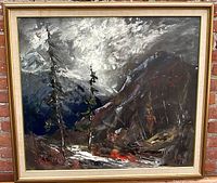 Full frontal view of the signed oil painting in its gold-tone frame against a brick wall