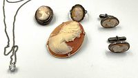Photo showing full set of sterling silver and shell cameo jewelry including cufflinks, ring, brooches, and necklace pendant.