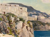 Close-up of the white buildings and rocky cliffs in the coastal painting.