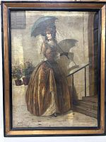 Full view of the framed oil painting showing the woman in a detailed historic dress holding a parasol beside stairs and plants.