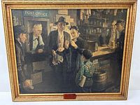 Framed artwork showing full front view of the old post office scene with multiple figures around the counter.