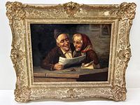 Full front view of framed painting showing couple reading at table