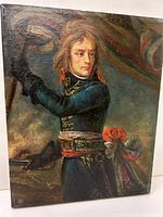 Full view of the oil painting showing a young man in a detailed blue military uniform holding a sword with a colorful sash at the back.