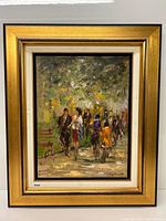 Full view of framed oil painting showing figures under foliage