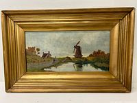 Full view of oil painting in gold-toned wooden frame against white background