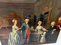 Full view of the oil on canvas painting showing group of 18th century figures in period dress inside an elegant room