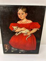 Full view of the oil on canvas painting showing a young girl in a red dress holding a white cat, with a small dog at the bottom left, against a dark background.