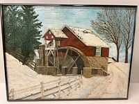 Framed oil painting of a red mill with a snow-covered water wheel and winter landscape.
