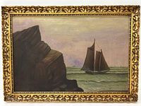 Full view of the framed oil on board painting showing sea with sailing ship and cliffs.