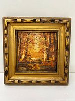 Front view of the framed oil painting showing autumn forest landscape.