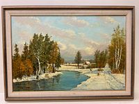 Framed oil on canvas landscape painting showing river, trees and farmhouse, signed Carpenter.